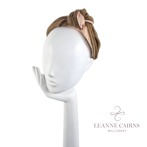 Caramel toned Cashmere and Satin off centre positioned knotted headband