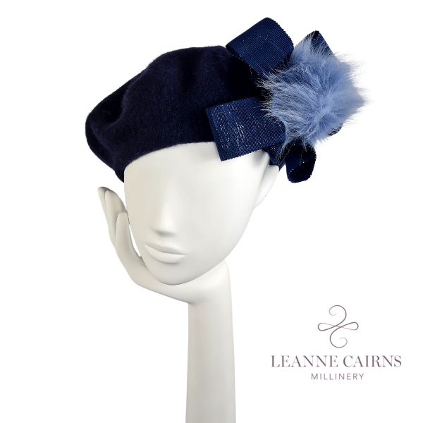 Navy Peri Pom Pom Beret - Leanne Cairns Millinery display picture 2