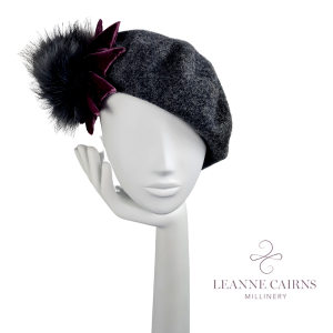 Grey wool mix beret with velvet plum 88ribbon and faux fur pom pom trimmings