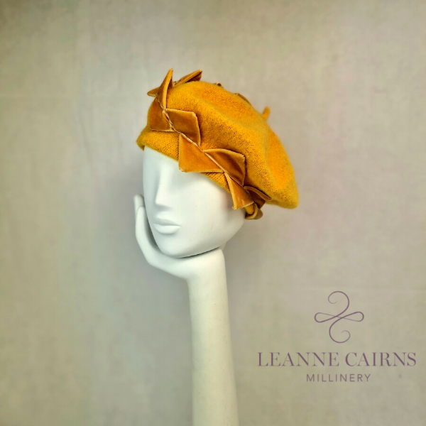 Mustard Yellow Wool French Beret and velvet ribbon detailed style hat on mannequin , front view/ right / left side view
