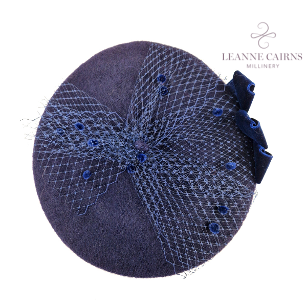 Navy Blue Round Wool French Beret style hat flat top view