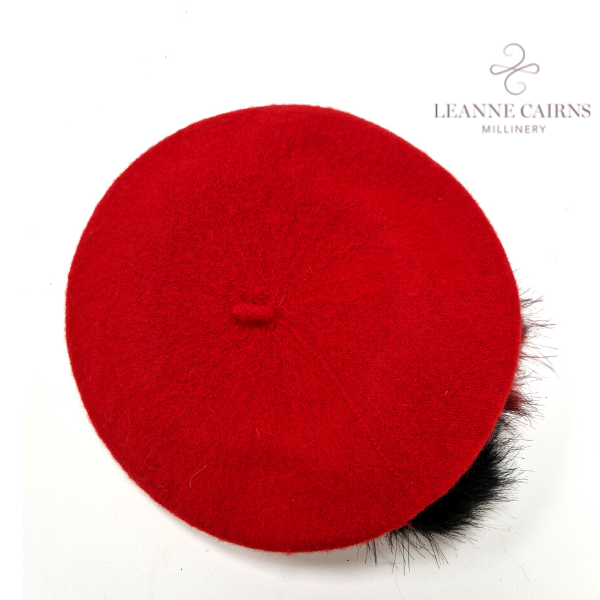 Red and Black Round Wool French Beret style hat flat top view